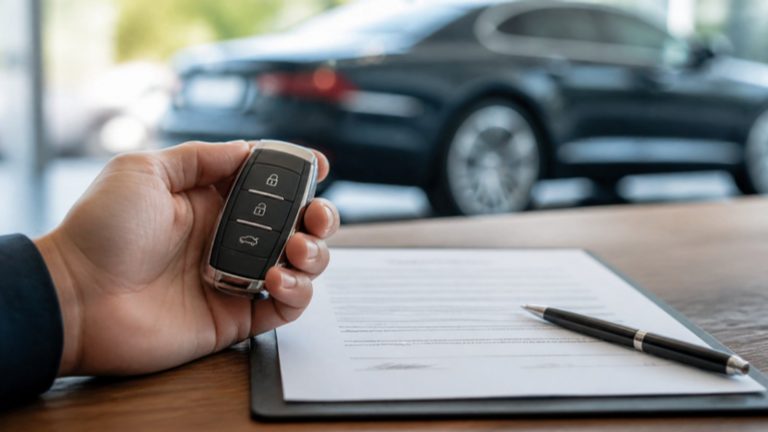 Hand holding a car key next to a rental agreement