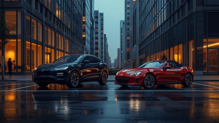 Electric luxury SUV and red open-roof sports car at dusk