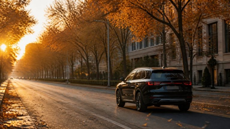 Dark SUV driving along an autumn avenue in Tashkent